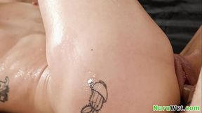 Big tit blonde teen Kelsey Kane gets her wet pussy pounded during a slippery massage