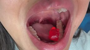 Asian Filipina Giantess Mouth Focus: Wet Swallowing Gummy Bears Close Up