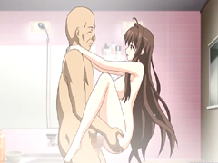 Bald guy anime standing fucked a busty coed in the bathroom