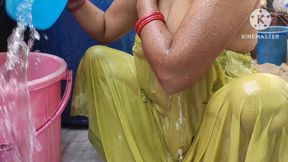 Indian House Wife Bathing Outside