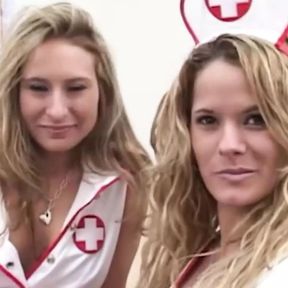 Two Busty Blonde Nurses in Uniform Give a Guy the Best Blowjob of His Life