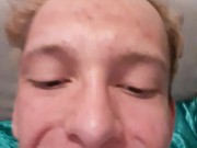Very horny skinny teen cums in his mouth and has it dripping down his chin