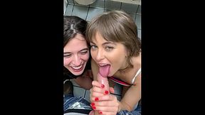 Gorgeous girls suck Stepbrother's Thick cock together and smile in Camera