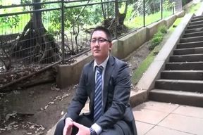 Chinese Timid youthfull stud Businessman Bashful With Outdoor Getting Off