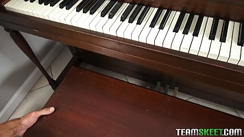 Ginger teen with big, black glasses, Kadence Marie gave a great blowjob to her piano teacher