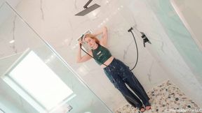 Ariel Showers and Bathes in Satin Pants, Crop Top and Heels
