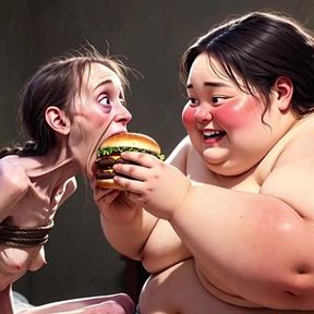 Skinny Girl Getting Fed by Huge Fat Woman - Contrast Feeding Fetish