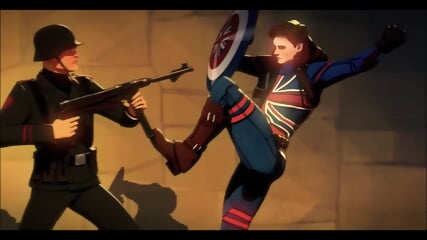 Female CAPTAIN AMERICA Ballbust Agent Carter nutshot, punch in the balls anime ballbusting