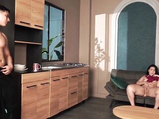 Stepson finds his big-bootied stepmother masturbating and resolves to lend her his dick.