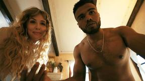 ”Big tits bi MILF convinces buxom Girlfriend for threesome with big black dick stud”