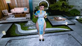 Thick enticing Chun Li poses solo in a revealing dress without panties