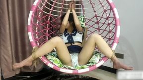 ADM18-Asian Girl Tickling Series, Episode 5: Barefoot, leg-spreading restraints, tickling feet, limbs tied to bed legs, feet oiled, restrained to a hanging basket.