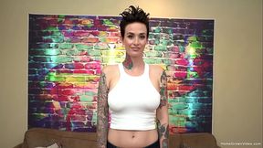 Short haired chick with big tits sucks a big dick
