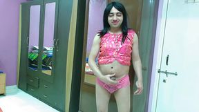 Sexy Sissy Crossdresser Femboy In Pink Traditional Top And Pantie