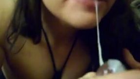 Chubby blindfolded brunette enjoys sucking my BBC in POV clip