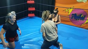 Two big fem wrestlers vs guy
