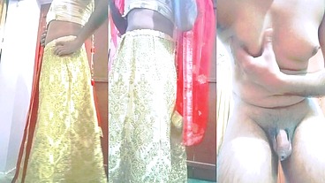 Indian Gay Crossdresser Gaurisissy feeling horny in Golden Lehanga