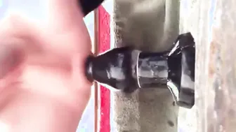 Smooth twink stretches his hole with a huge buttplug and double penetration
