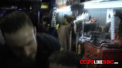 Big ass MILF is getting pounded by a horny black criminal in his workshop!