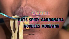 Caramel Eats Spicy Carbonara Noodles Mukbang