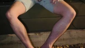 amateur boy pee on himself in the garden (wets his grey shorts, grey undies and white tshirt)