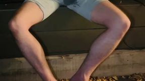 amateur boy pee on himself in the garden (wets his grey shorts, grey undies and white tshirt)