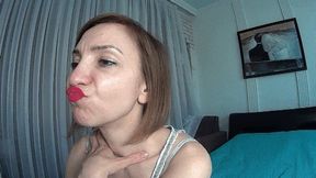 Lip smelling with red lipstick (LF)