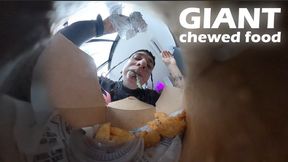 The giant allows the tiny human to observe it very closely while it eats.