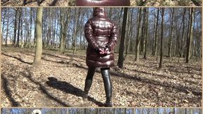 Handcuffed walk in shiny down jacket