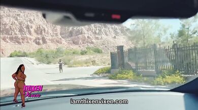 Thick ebony hitchhiker takes a thick black cock stretching her lips on the roadside