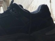 sniffing sneakers. I jerking off while I still twink. cumming in a white sock.