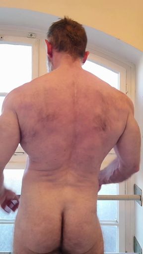 Hairy Muscle Daddy Strokes Uncut Cock