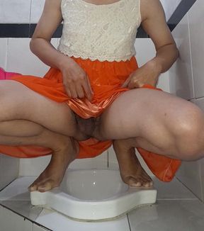 Asian Crossdresser Cumming Wearing Silk Chiffon Dress