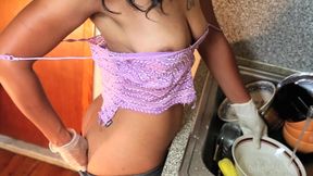 DISHWASHING NIP SLIPS : SEXY BLACK MILF down blouse views due to slipping straps of blouse showing nipples + BENDING OVER BIG BOOTY CRACK