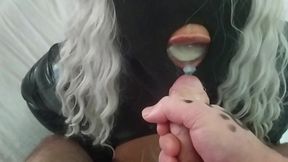 Big-titted milf enjoys sucking three cocks that fill her mouth with lots of hot cum.