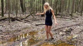 Barefoot in mud, walking barefoot in mud, muddy feet, dirty feet, girl walking in mud