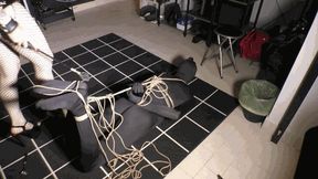 Slave in tight hogtie, totally in Mistress's hands Italian language WMV version