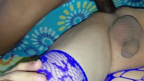 a handsome, virile black stud with a long, thick 25 cm cock fucks a sexy crossdresser wearing purple lingerie, spreads his asscheeks, and fills him with hot cum.