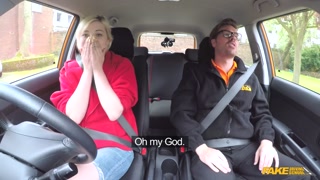 Fake Driving School - Blonde college student offers a blowjob and her hairy pussy