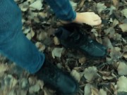 Twink barefoot jerking in the park - cumshot on shoe and foot