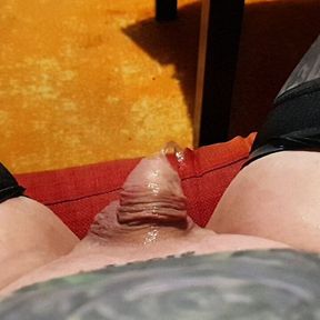 Close-up of my tiny cock pissing on the sofa