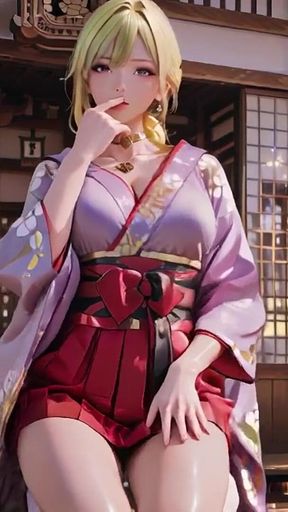 Blonde Goddess in the Japanese Corridor, Lazy Gazes, Hand on Hips, Sunlight Drenching Her Skin