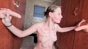 Body writing pale slut sucking and fucking two suction cup dildos, spit roast fetish