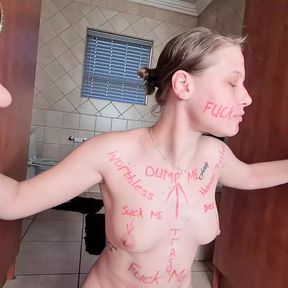 Body writing pale slut sucking and fucking two suction cup dildos, spit roast fetish