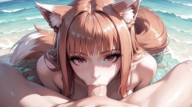 Holo Neko Catgirl Wolf Spice Gets Beach Blowjob Facial Cream Pie Anal Mouth Gush