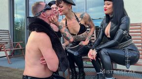 smoking on the patio - mistressae and friends share their human ashtray