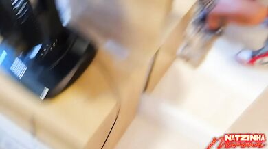 usty brunette shows off in the mirror sucking cock and ends up destroyed on the sofa.