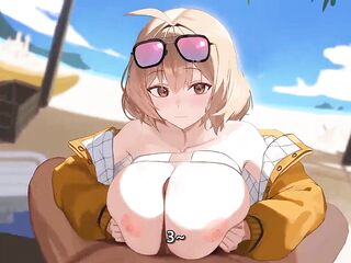 Golden-haired With Big Melons Crempied On The Beach