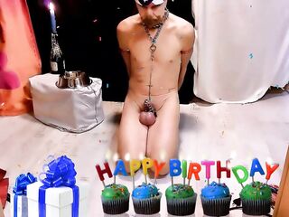 nude pathetic white thrall in rod cage and manacled got his mousse au chocolat out dog bowl, ate it like a homo pig, CMNM