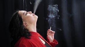 Curvy Brunette Smoking in Red Cardigan